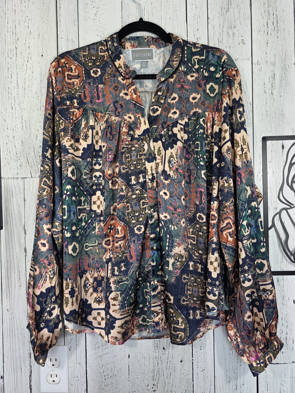 Guillaume Abstract Boho Print Button Front Blouse Size 2X Statement Top